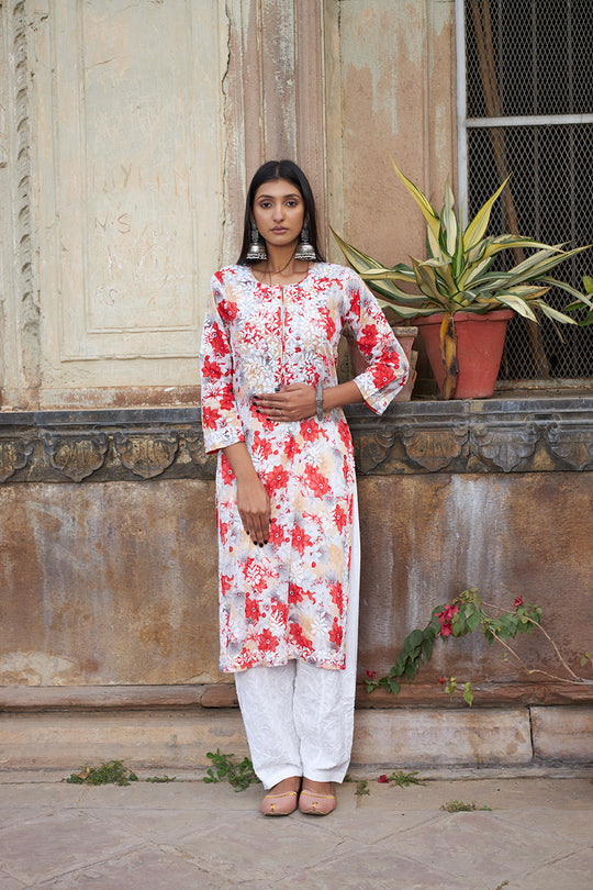 Rangreza Ethnic Leela Mulmul Chikankari Kurta Red | Grab2Buy