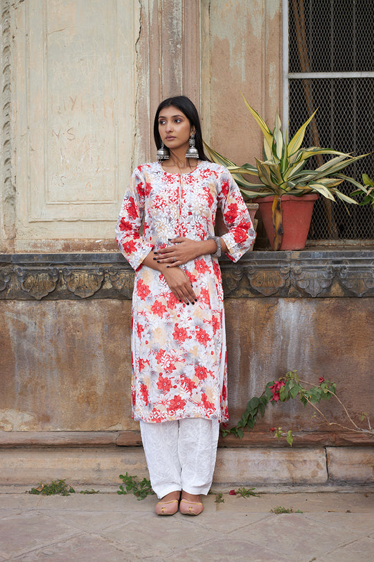Rangreza Ethnic Leela Mulmul Chikankari Kurta Red | Grab2Buy