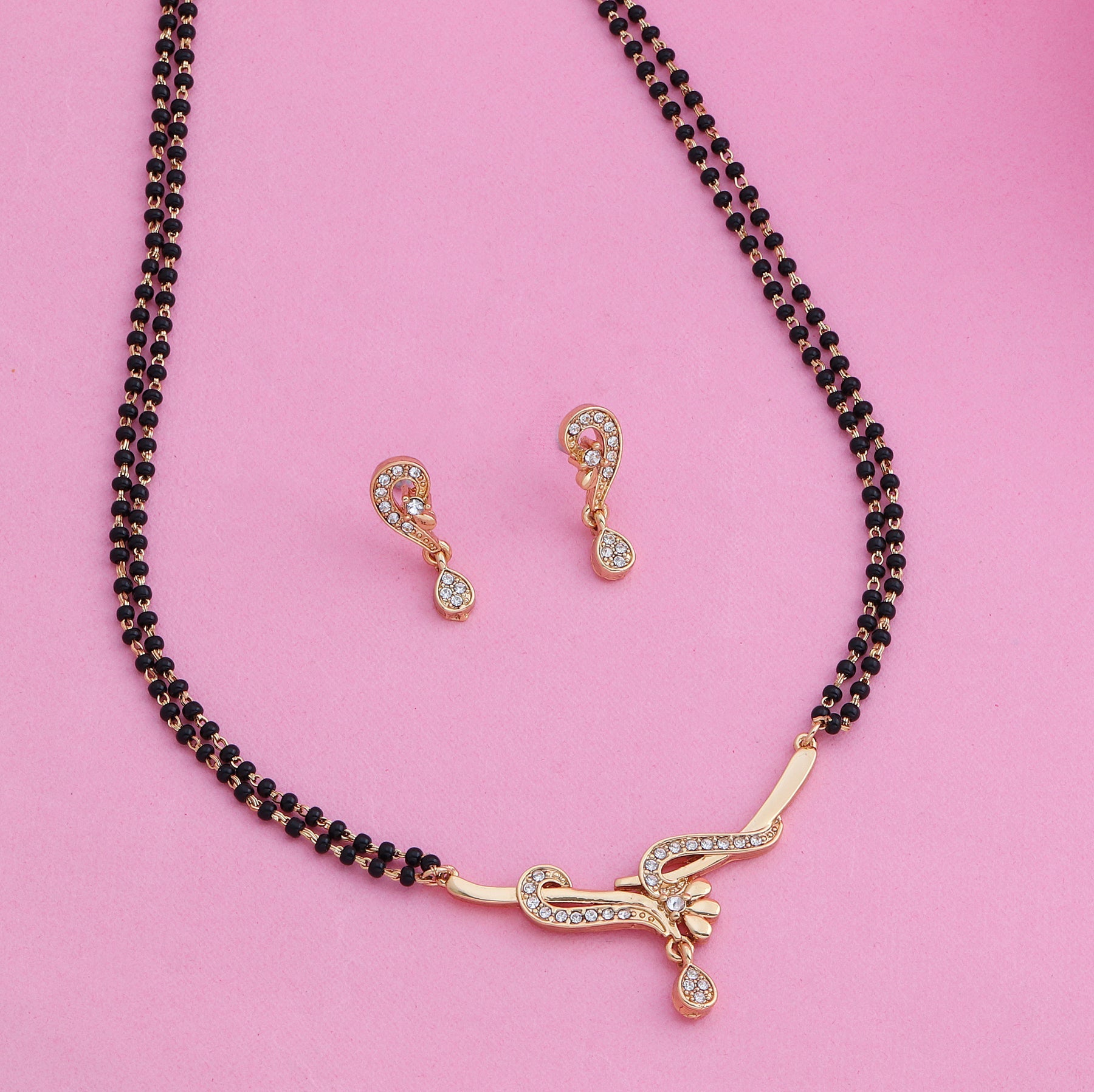 Estele Gold-Polished Twine Braid Mangalsutra Necklace Set with White Austrian Crystals for Women | Grab2Buy