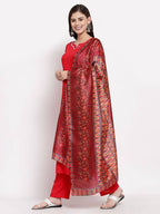 Myshka Women's Latest Red Cotton Solid 3/4 Sleeve Square Neck Casual Kurta Pant Dupatta Set | Grab2Buy