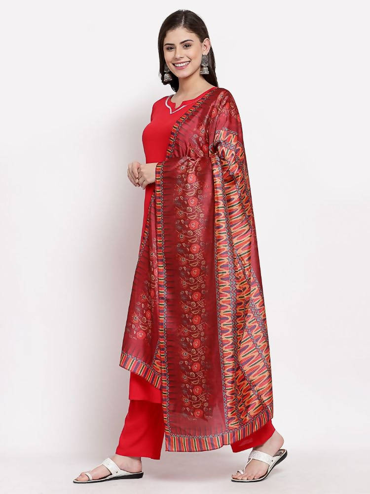 Myshka Women's Latest Red Cotton Solid 3/4 Sleeve Square Neck Casual Kurta Pant Dupatta Set | Grab2Buy