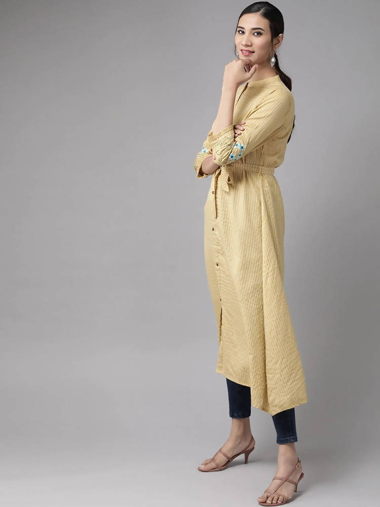 Yufta Women Beige & Off White Striped Thread Work A-Line Kurta With Belt | Grab2Buy