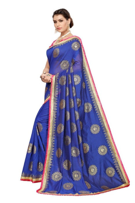 Vamika Chanderi Cotton Foil Print Blue Saree (GOLDEN BIRD BLUE) | Grab2Buy