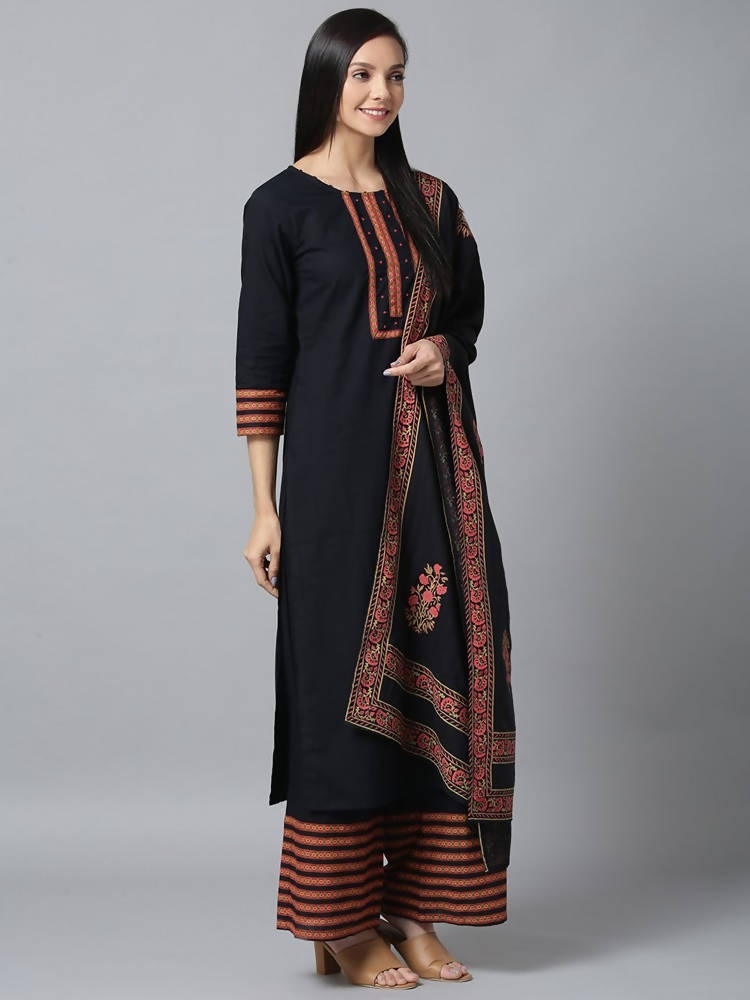 Yufta Women Black & Pink Yoke Design Kurta with Palazzo & Dupatta | Grab2Buy