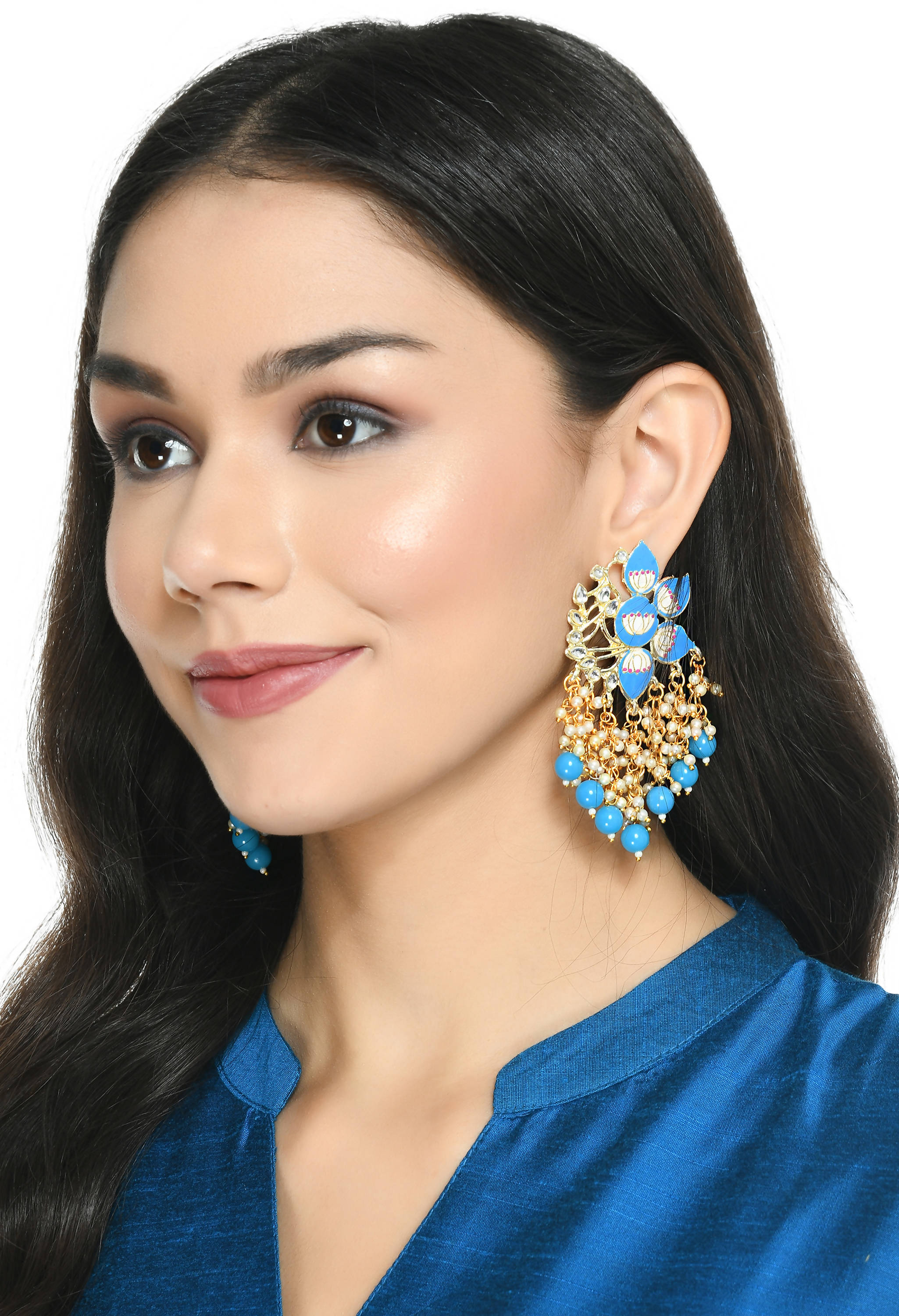 Mominos Fashion Johar Kamal Gold-Polished Kundan Sky Blue Meenakari Earrings | Grab2Buy