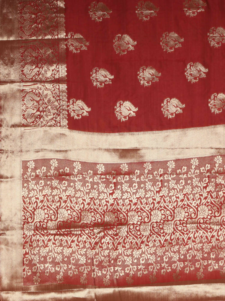 Kalamandir Peacock Print Red Silk Blend Saree | Grab2Buy