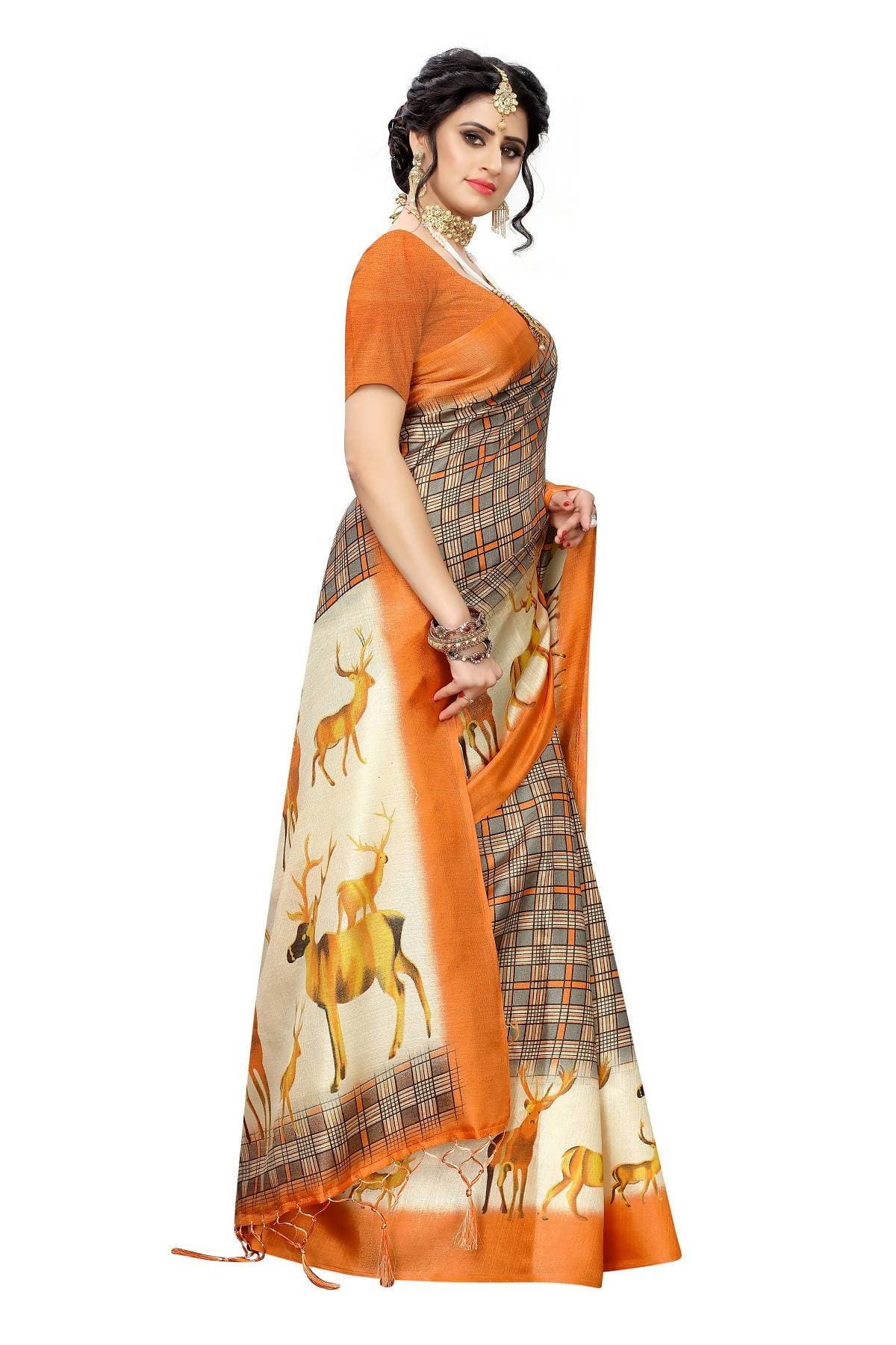 Vamika Multicolor Orange Kalamkari With Jhalar Khadi Silk Saree | Grab2Buy