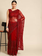 Maroon Woven Design Net Saree with Blouse Piece - Kalamkari | Grab2Buy