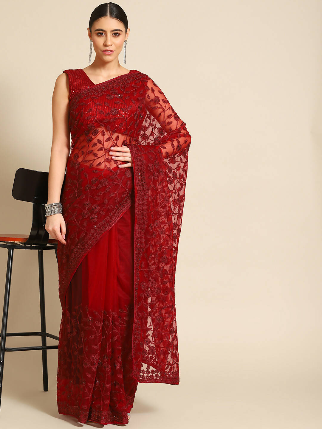 Maroon Woven Design Net Saree with Blouse Piece - Kalamkari | Grab2Buy