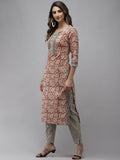Yufta Women Beige And Rust Printed Kurta with Trouser & With Dupatta | Grab2Buy