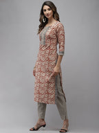 Yufta Women Beige And Rust Printed Kurta with Trouser & With Dupatta | Grab2Buy