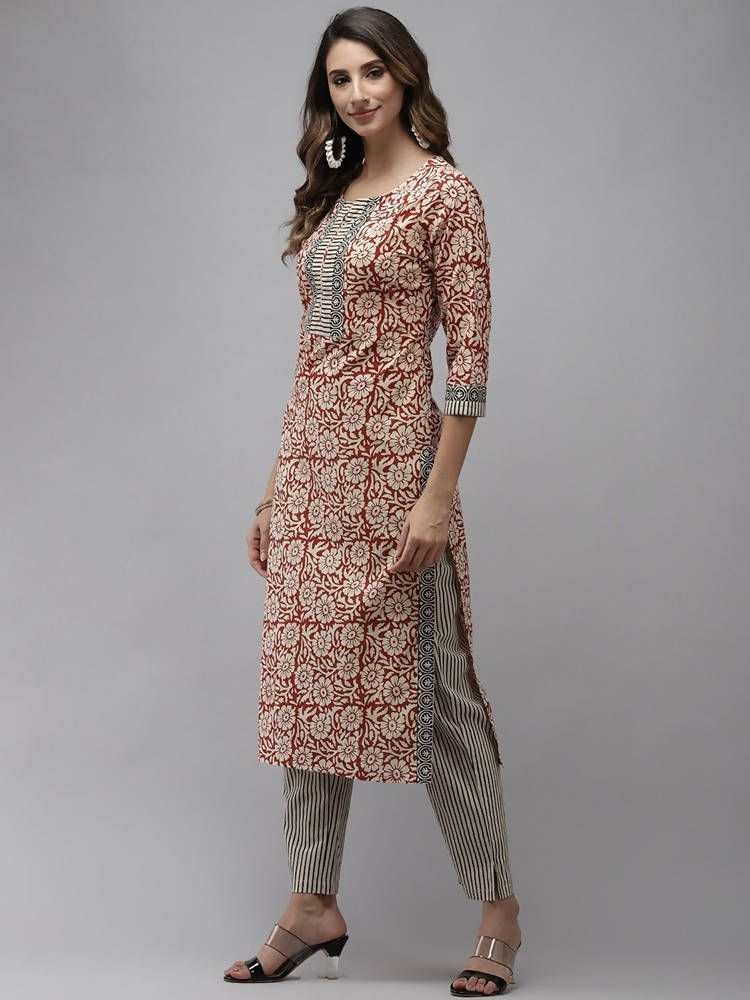 Yufta Women Beige And Rust Printed Kurta with Trouser & With Dupatta | Grab2Buy