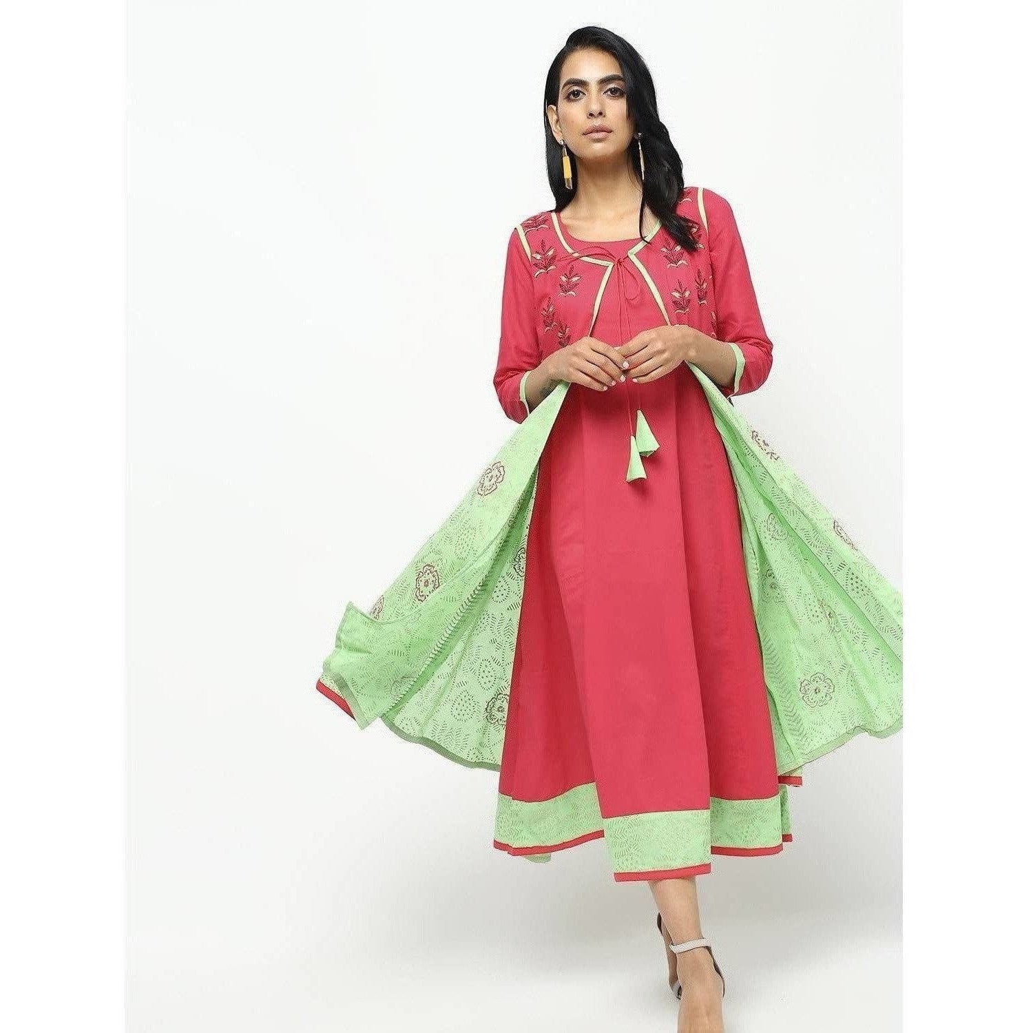 Cheera Double Layer Long Anarkali With Beautiful Block Print Design | Grab2Buy