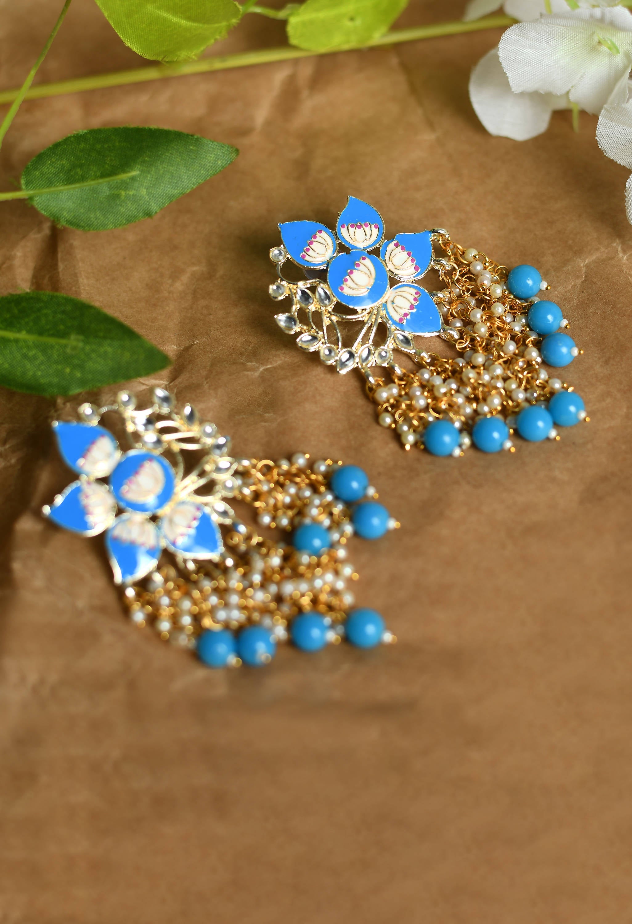 Mominos Fashion Johar Kamal Gold-Polished Kundan Sky Blue Meenakari Earrings | Grab2Buy