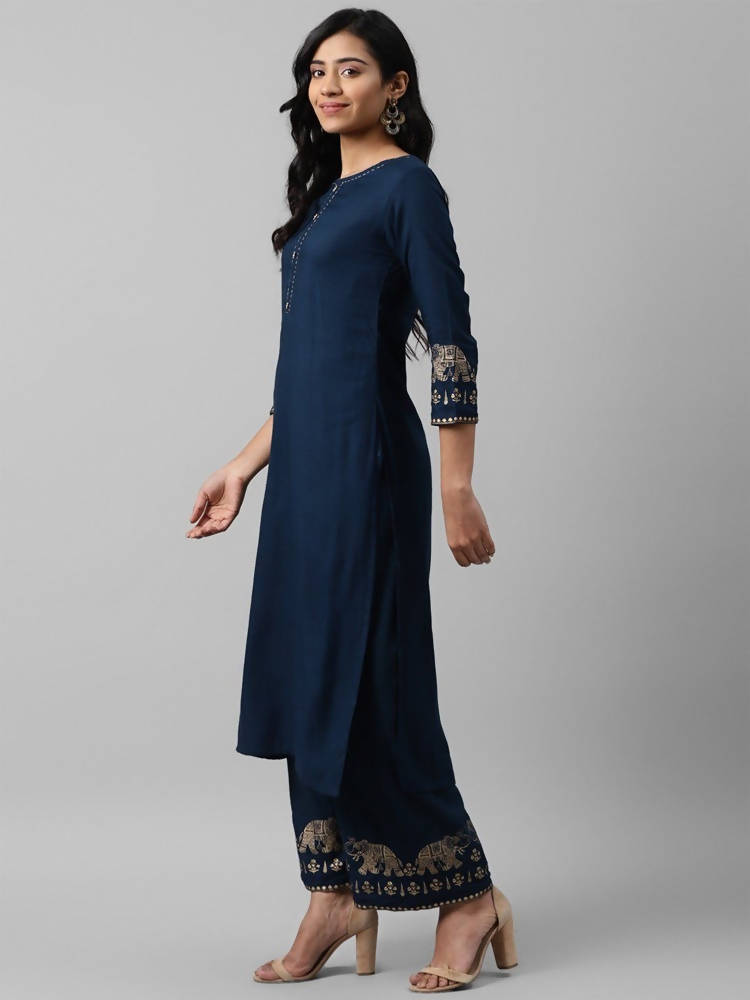 Yufta Women Navy Blue And Golden Pure Cotton Solid Kurta with Palazzo and Dupatta | Grab2Buy