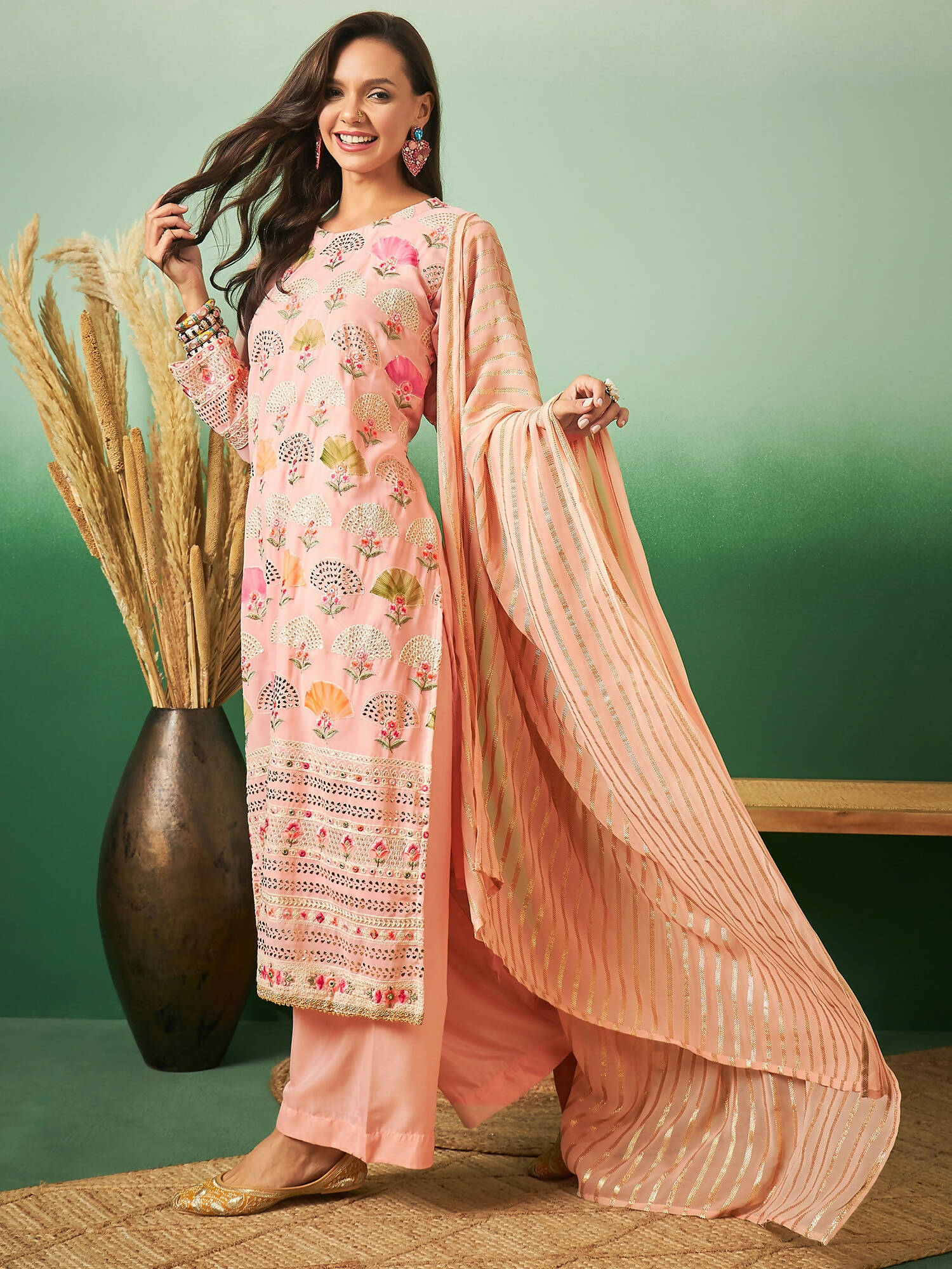 Peach Georgette Handwork Unstitched Dress Material - Hanika | Grab2Buy