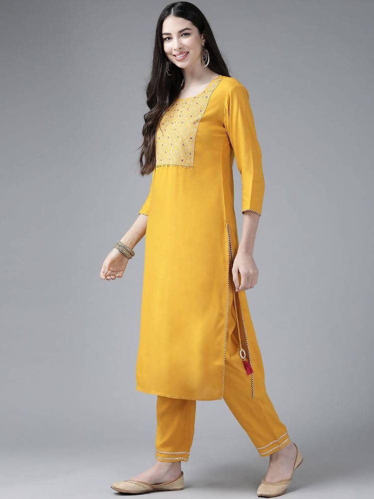 Yufta Women's Mustard Rayon Kurti With Pant Dupatta Set | Grab2Buy