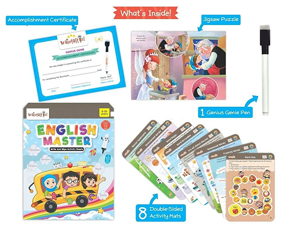 Braintastic Educational Game: English Master (6-99 Years) / Write & Wipe Reusable Activity Sheets/Kids Toy/ Free Puzzle | Grab2Buy