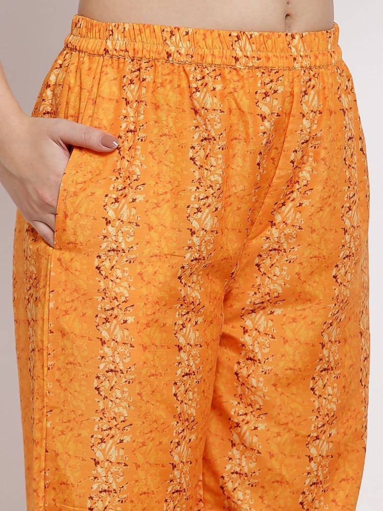 Myshka Women's Orange Cotton Printed 3/4 Sleeve Round Neck Casual Kurta Pant Dupatta Set | Grab2Buy