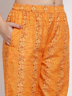 Myshka Women's Orange Cotton Printed 3/4 Sleeve Round Neck Casual Kurta Pant Dupatta Set | Grab2Buy