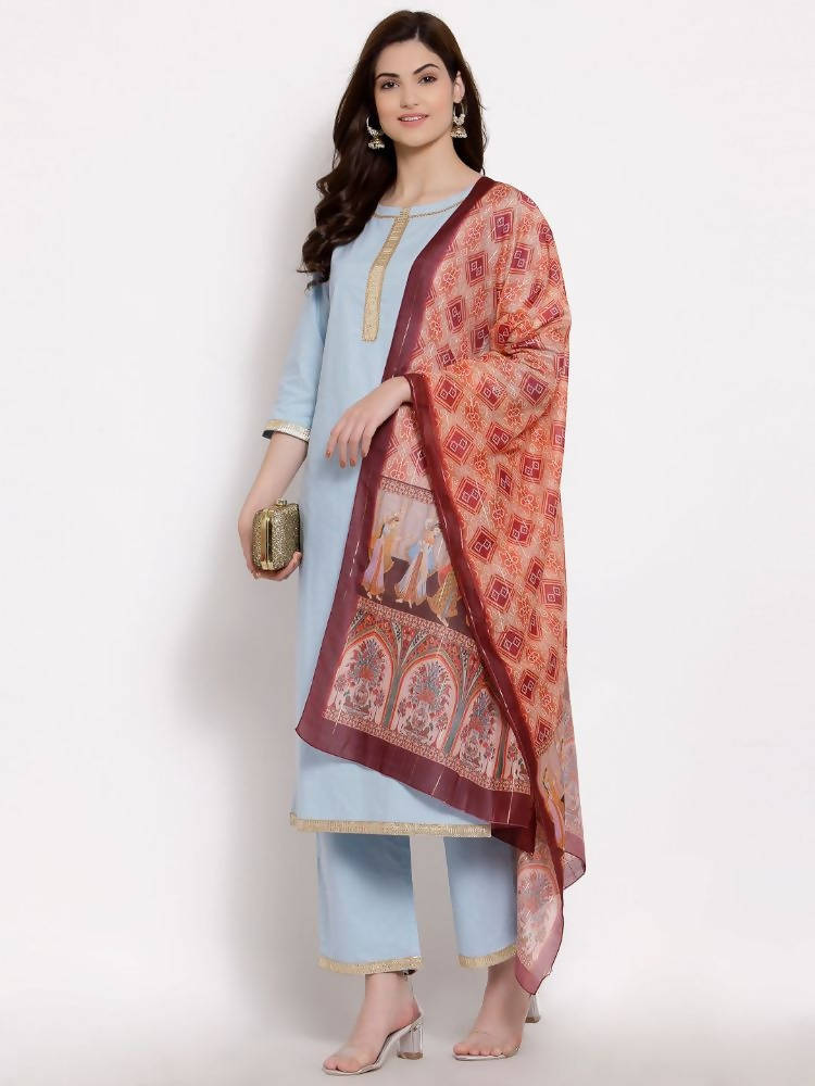 Myshka Women's Blue Cotton 3/4 Sleeve Round Neck Solid Casual Kurta Pant Dupatta Set | Grab2Buy