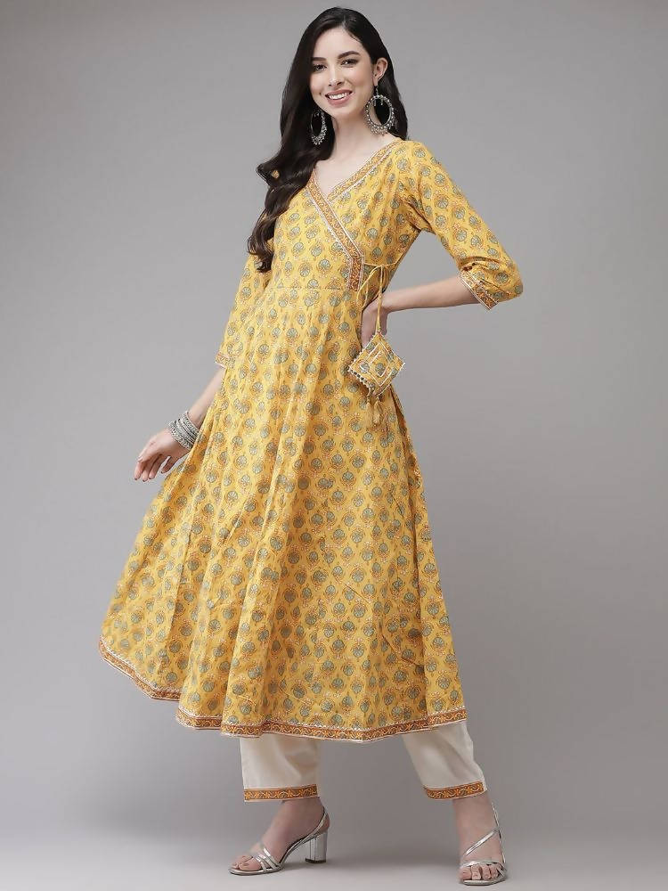 Yufta Women Yellow Floral Print Angrakha Pure Cotton Kurta and Trouser With Dupatta | Grab2Buy