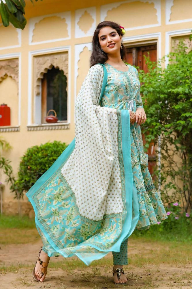 Yufta Blue Printed Tiered Kurta with Trouser and Dupatta | Grab2Buy