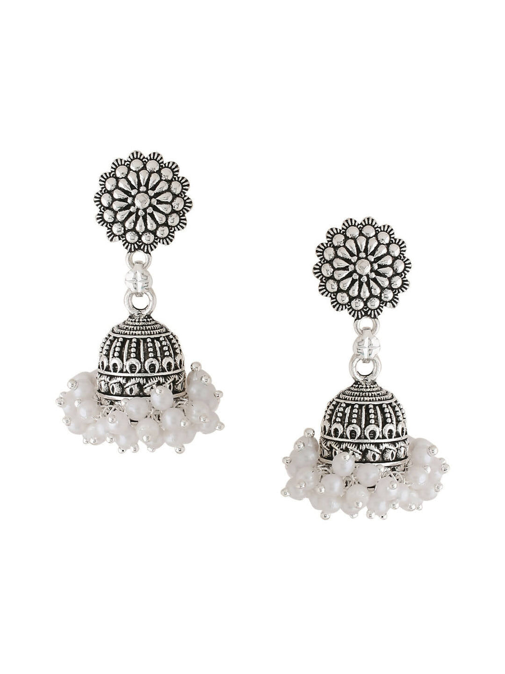 NVR Women Silver Toned Dome Shaped Jhumkas Earrings | Grab2Buy