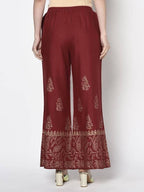 Aniyah Rayon Maroon Color Block Print Flared Slip-On Palazzo (AN-213K) | Grab2Buy
