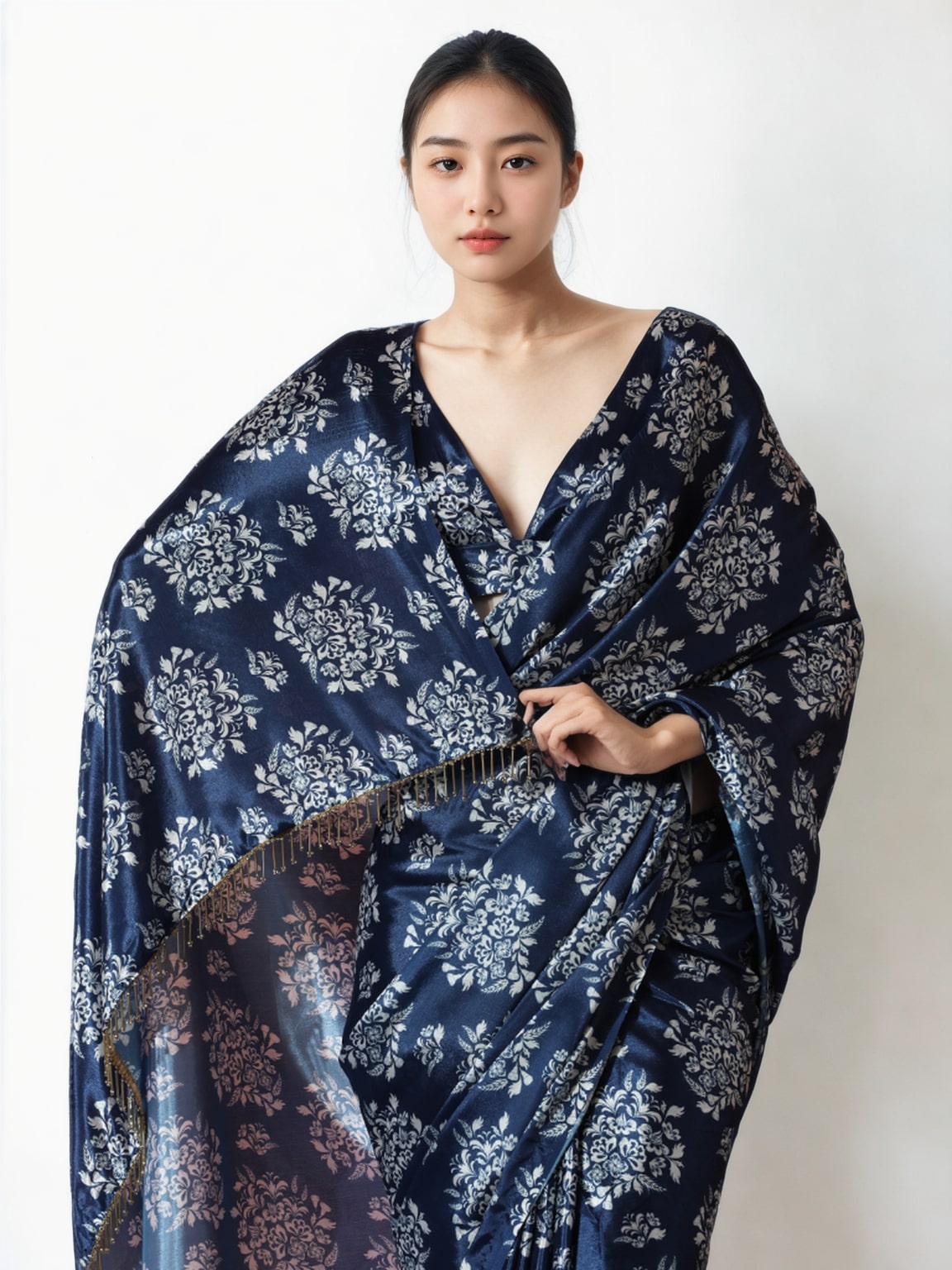 Jyoti Fashion Women's Navy Blue Chinon Digital Printed Ready To Wear Saree with Blouse | Grab2Buy