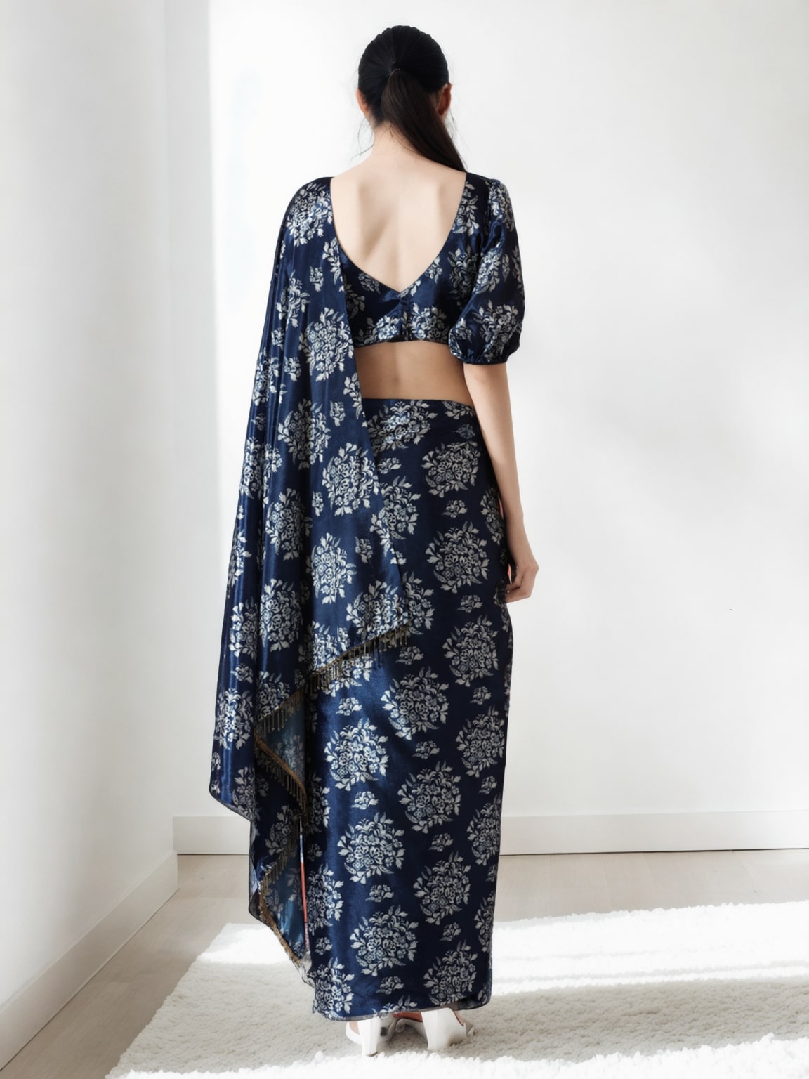 Jyoti Fashion Women's Navy Blue Chinon Digital Printed Ready To Wear Saree with Blouse | Grab2Buy