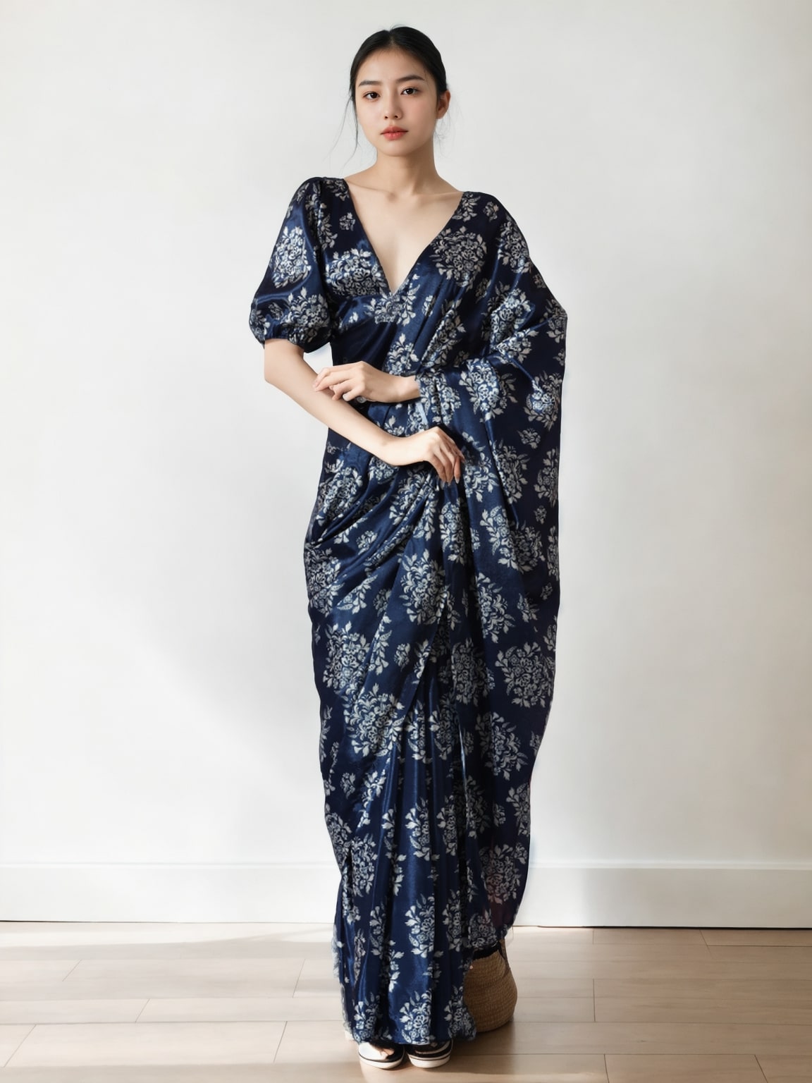 Jyoti Fashion Women's Navy Blue Chinon Digital Printed Ready To Wear Saree with Blouse | Grab2Buy