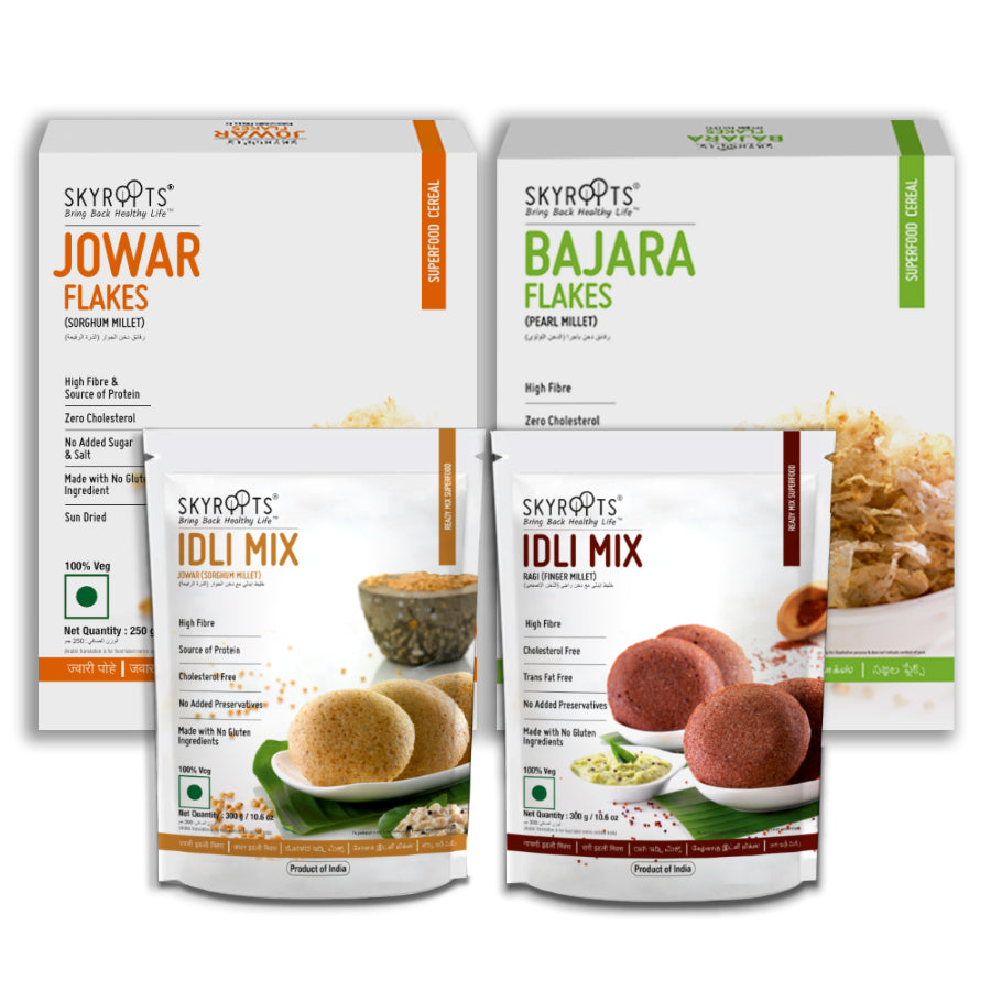 Skyroots Jowar Flakes + Bajara Flakes + Ragi Idli Mix + Jowar Idli Mix Combo Pack | Grab2Buy