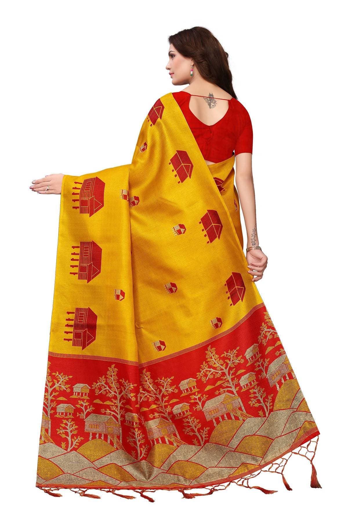 Vamika Latest Fashion Yellow & Red Kalamkari With Jhalar Khadi Silk Saree | Grab2Buy