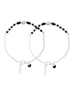 Jewels Nest Set of 2 Silver-Plated Stainless Steel Beaded Anklets with Artificial Black Stones & Floral Charms