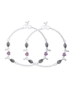 Jewels Nest Set of 2 Silver-Plated Stainless Steel Evil Eye & Pink Beaded Anklets