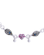 Jewels Nest Set of 2 Silver-Plated Stainless Steel Evil Eye & Pink Beaded Anklets