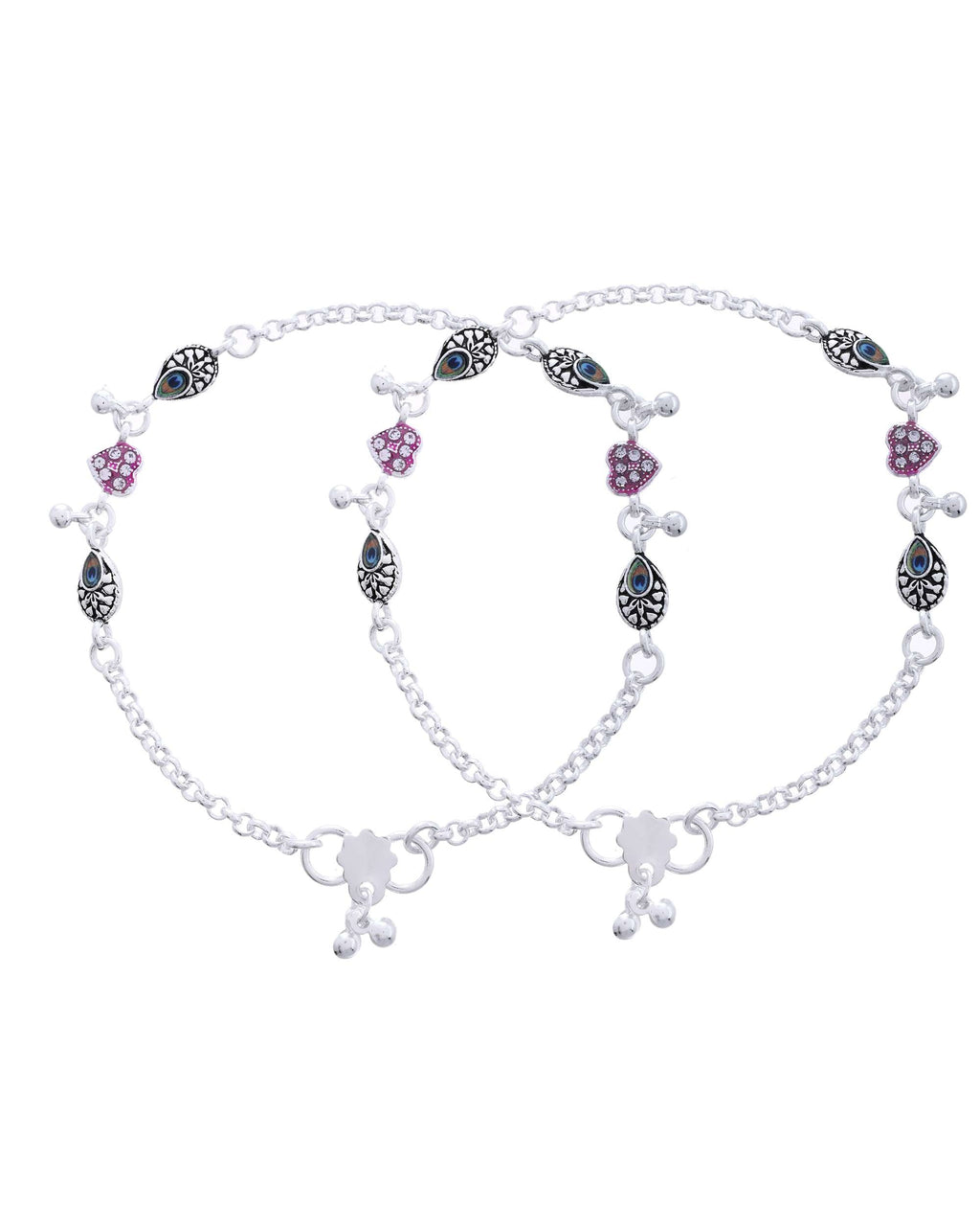 Jewels Nest Set of 2 Silver-Plated Stainless Steel Evil Eye & Pink Beaded Anklets