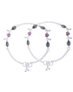 Jewels Nest Set of 2 Silver-Plated Stainless Steel Evil Eye & Pink Beaded Anklets