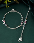 Jewels Nest Set of 2 Silver-Plated Stainless Steel Evil Eye & Pink Beaded Anklets