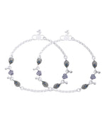 Jewels Nest Set of 2 Silver-Plated Stainless Steel Evil Eye & Heart Charm Beaded Anklets