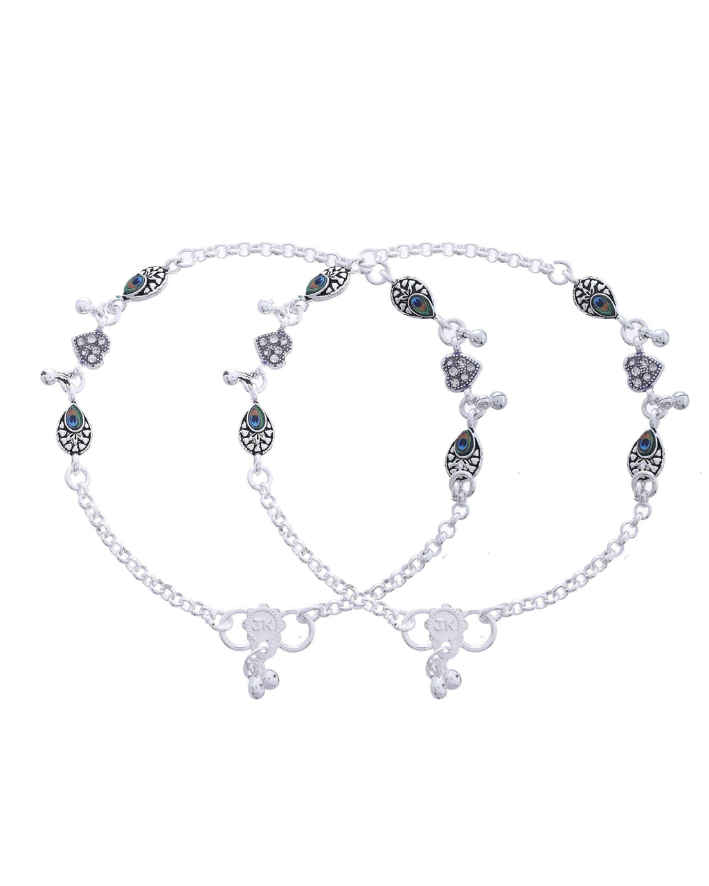 Jewels Nest Set of 2 Silver-Plated Stainless Steel Evil Eye & Heart Charm Beaded Anklets