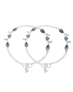 Jewels Nest Set of 2 Silver-Plated Stainless Steel Evil Eye & Heart Charm Beaded Anklets