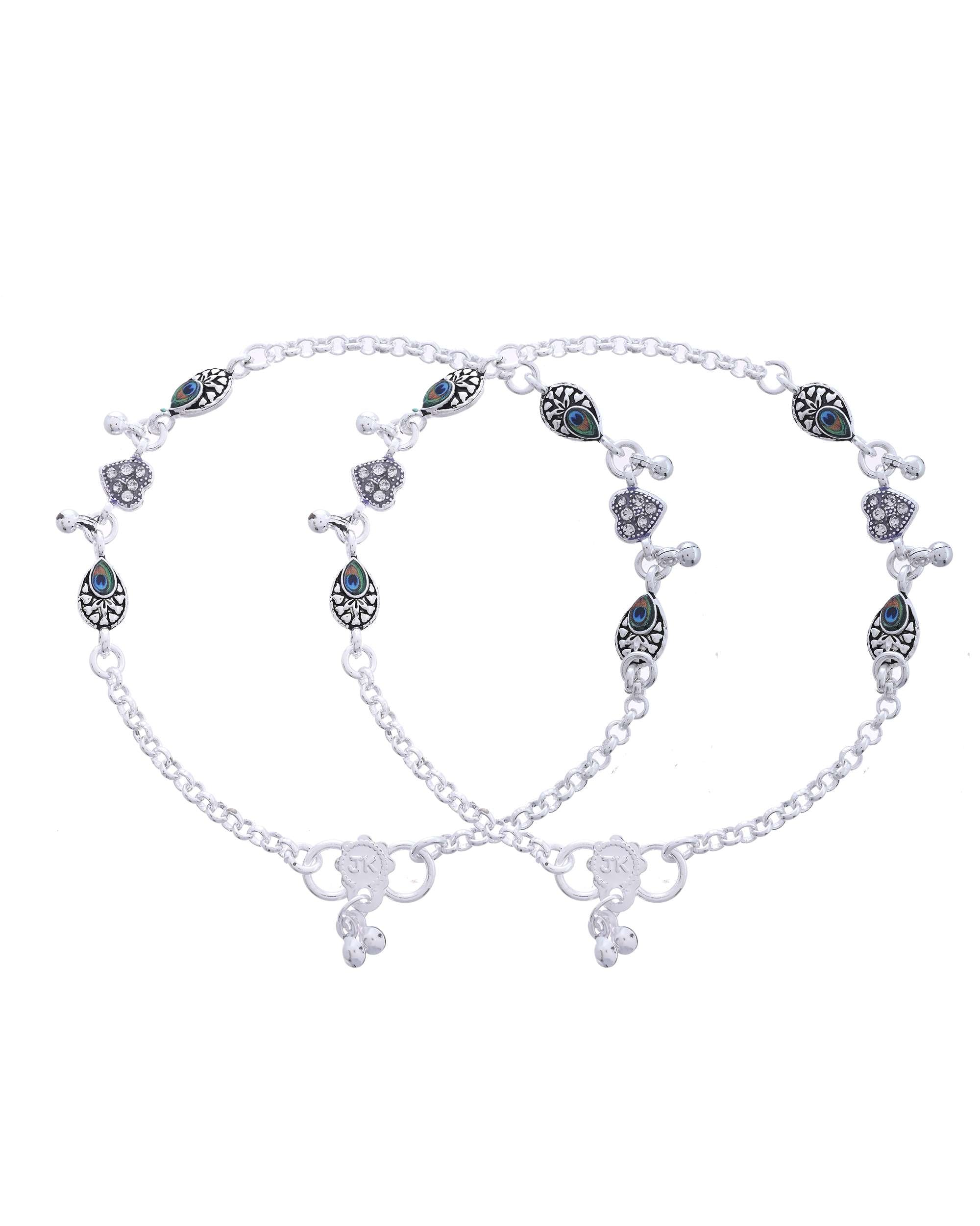 Jewels Nest Set of 2 Silver-Plated Stainless Steel Evil Eye & Heart Charm Beaded Anklets