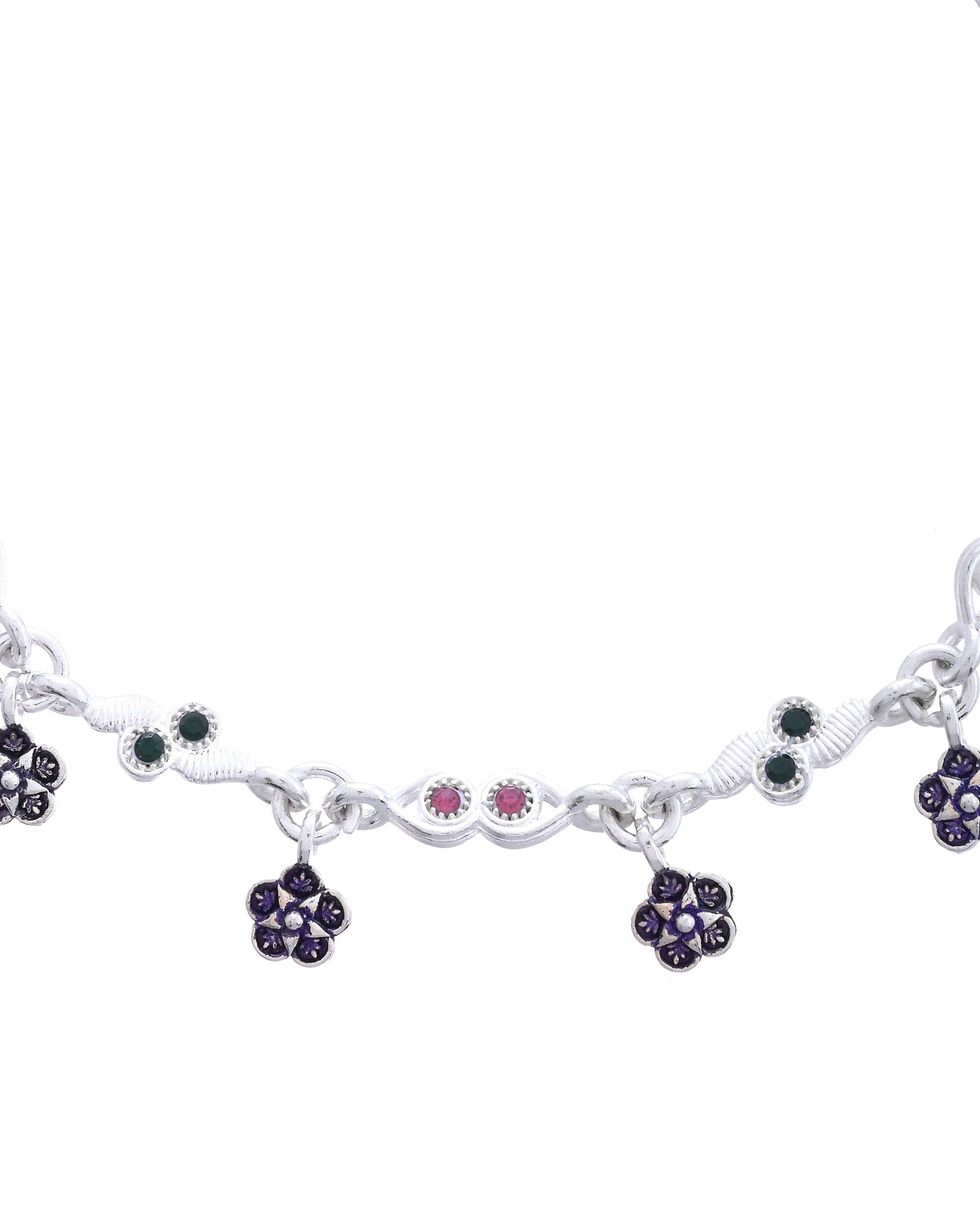 Jewels Nest Set of 2 Silver-Plated Anklets with Multicolour Stone-Studded Flower Charms