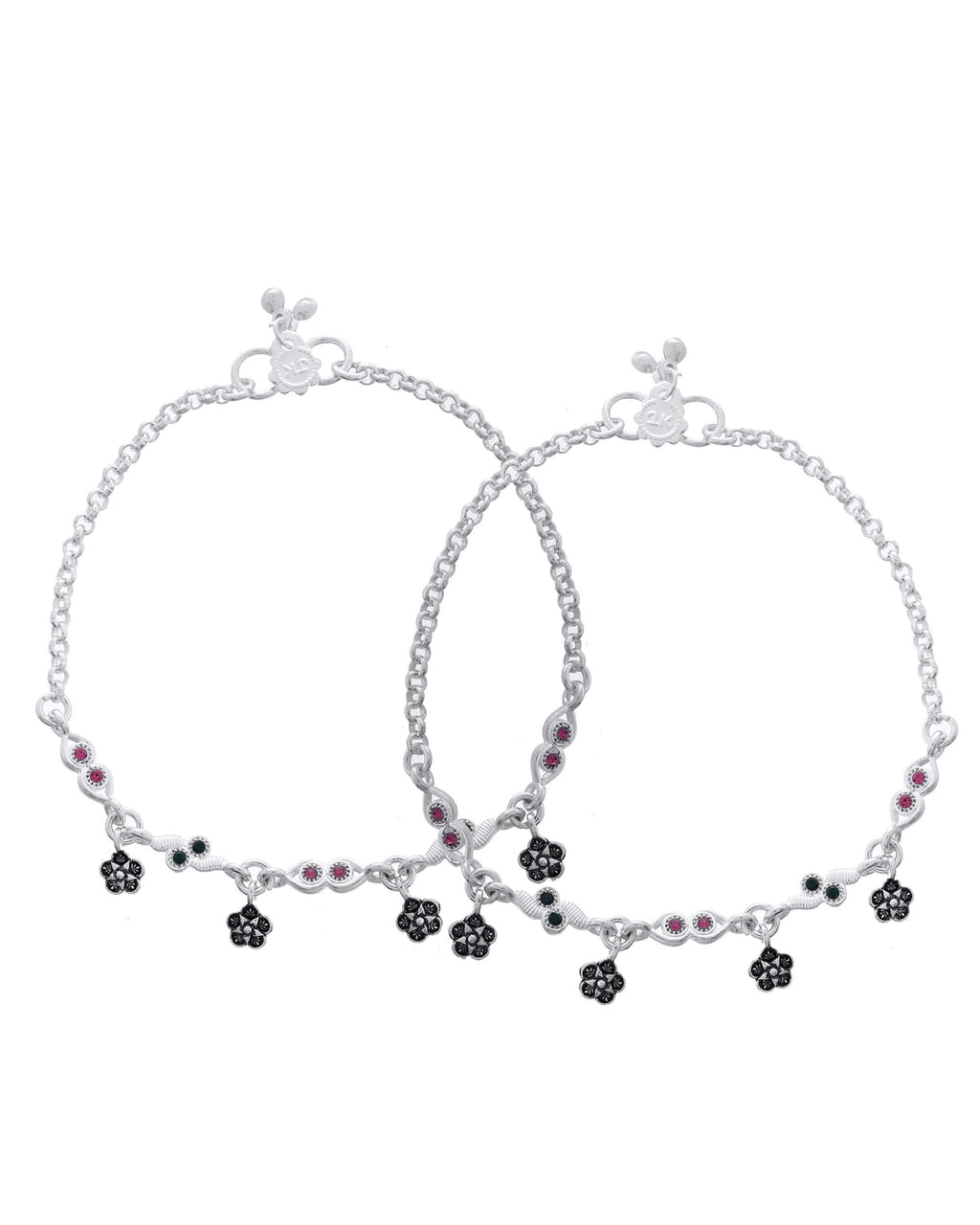 Jewels Nest Set of 2 Silver-Plated Anklets with Multicolour Stone-Studded Flower Charms