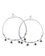 Jewels Nest Set of 2 Silver-Plated Anklets with Multicolour Stone-Studded Flower Charms