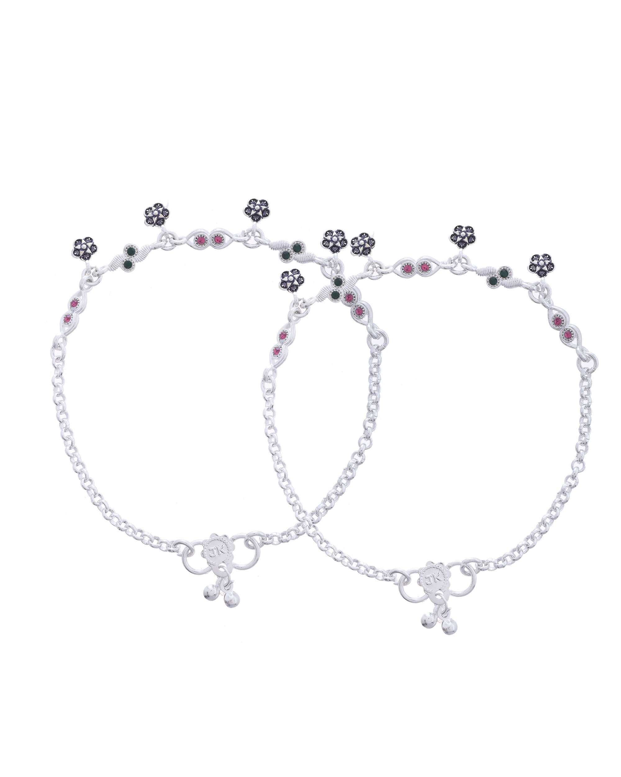 Jewels Nest Set of 2 Silver-Plated Anklets with Multicolour Stone-Studded Flower Charms