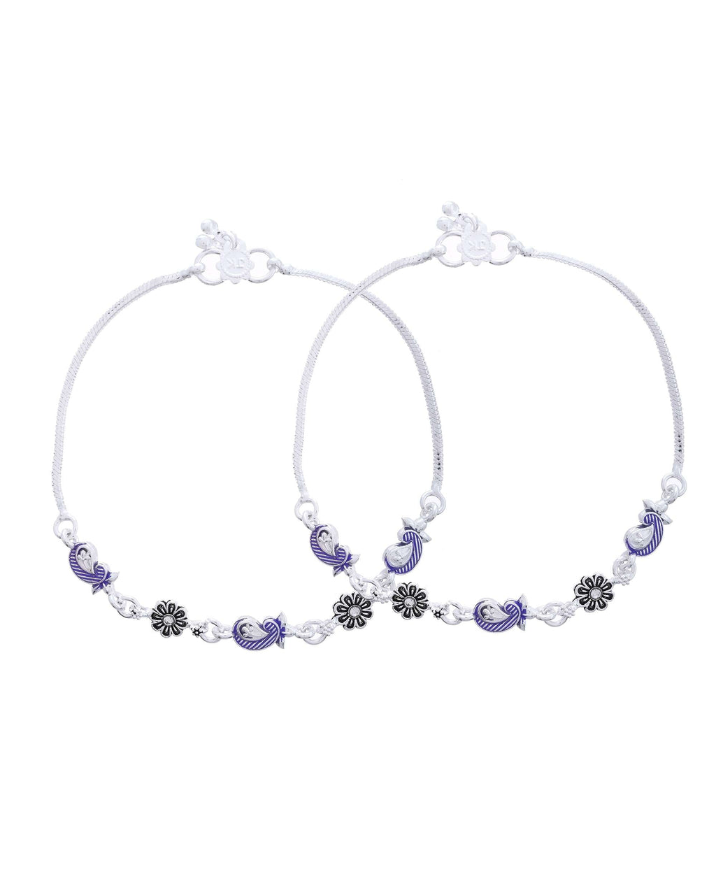 Jewels Nest Set of 2 Silver-Plated Stainless Steel Paisley & Floral Charm Anklets