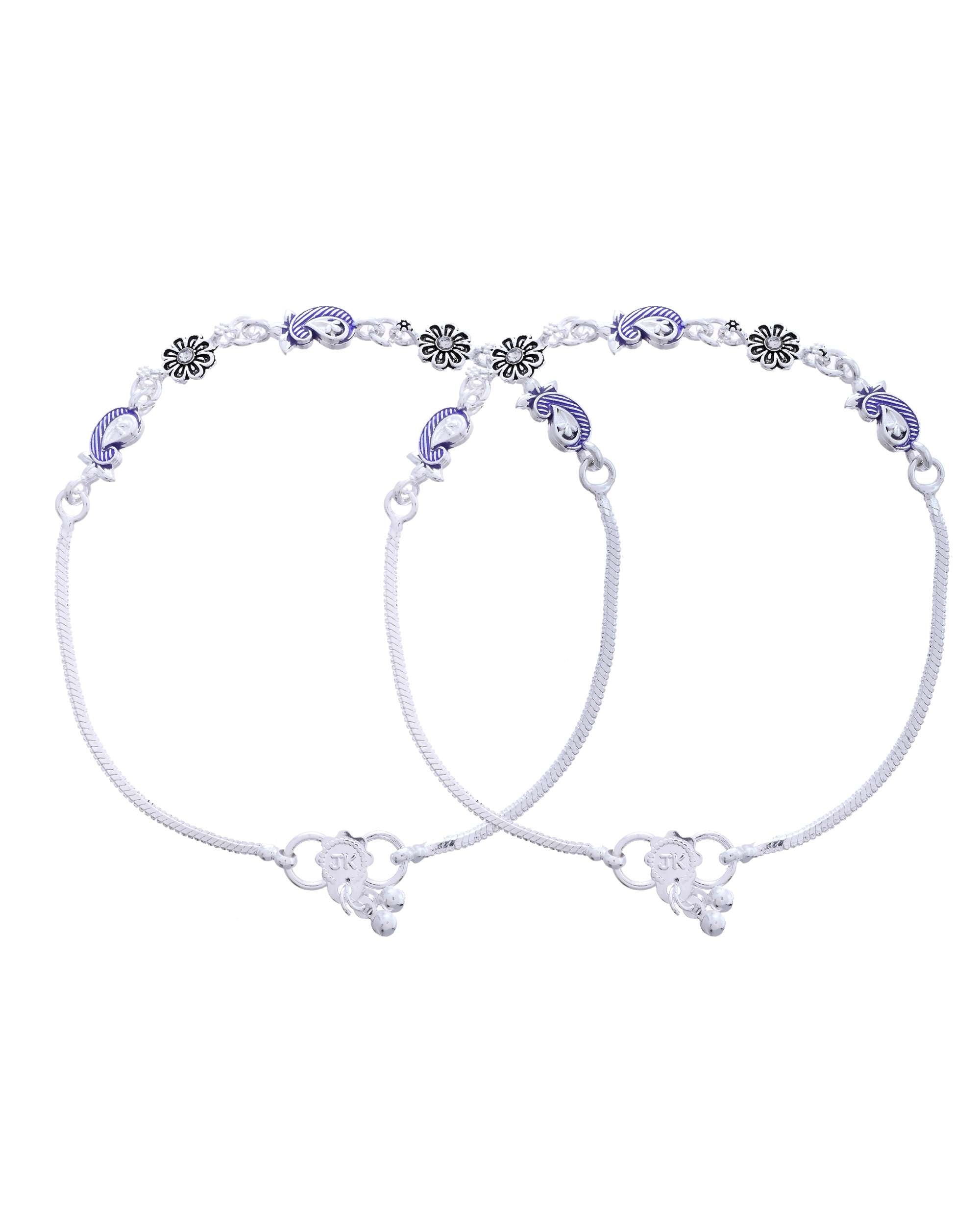 Jewels Nest Set of 2 Silver-Plated Stainless Steel Paisley & Floral Charm Anklets